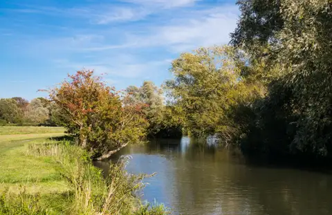 The River Cam winding between willows and meadows under a blue sky